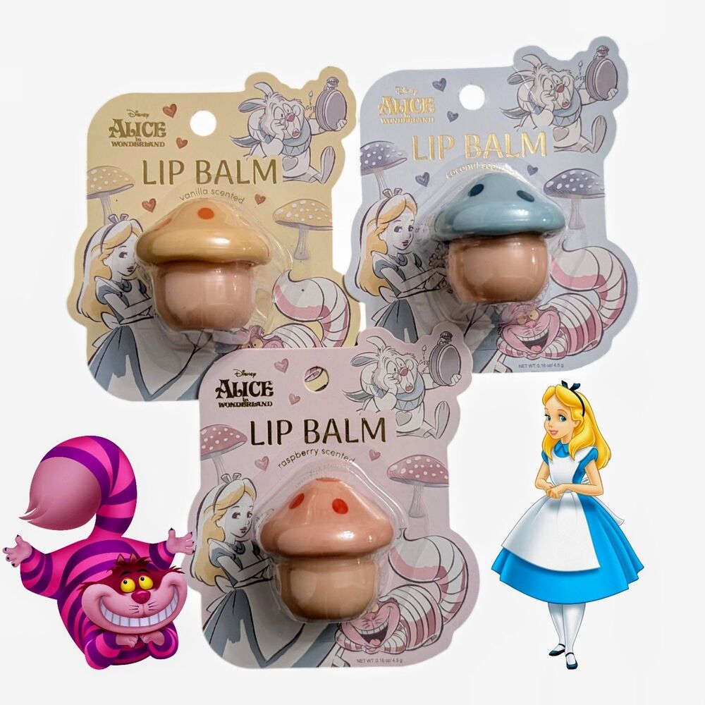 Lot of 3 Disney Alice in Wonderland Magic Mushroom Sweet Scented Lip Balm Set